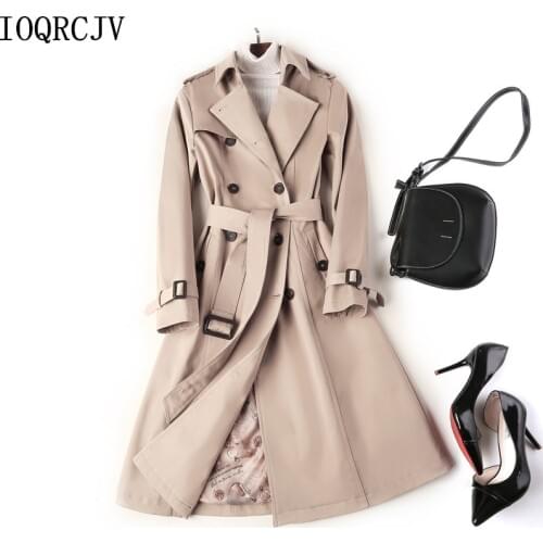 2019 New Fashion Double Breasted Mid-long Trench Coat Women Khaki Slim Belt Cloak Mujer Windbreaker Female Abrigos Brazil R1012