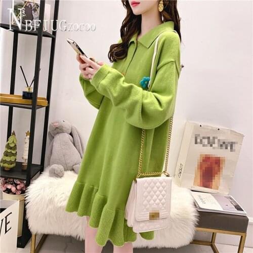 Lapel Long Sleeve Knitting Women Dress Winter Female Bottoming Dresses