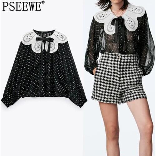 PSEEWE Za Polka Dot Women Blouse Bow Chiffon Blouse Woman Autumn 2021 Semi Sheer Tulle Long Sleeve Top Button Up Vintage Shirt