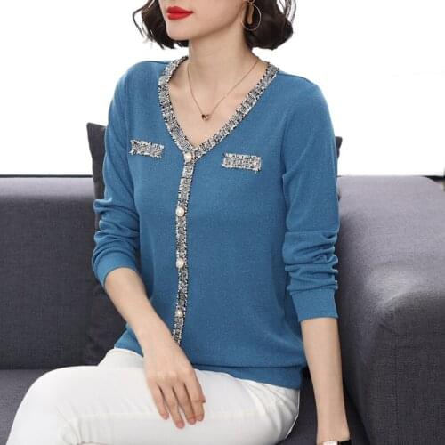 TuangBiang 2021 Pearl Button V-Neck Women Cotton T-Shirts Loose Fashion Feminine Navy Blue Tshirt Long Sleeve Autumn Tassel Tops