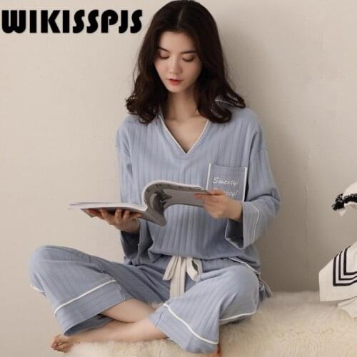 WIKISSPJSWomens Autumn and Winter Pajamas Two Piece Suit Long Sleeve Large Size 2021 All Cotton Girls' Home Wear Women Pajamas