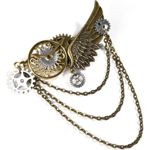 Women Vintage Steampunk Wings Hair Clip Headwear Gears Bronze Chains Pin Brooch Hairpin Cogs Accessories