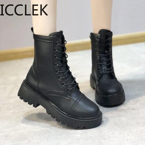Womens Boots Winter Ankle Boots Pu Leather Women Boots Work Shoes Round Toe Lace-Up Cowboy Motorcycle Shoes botas mujer A018