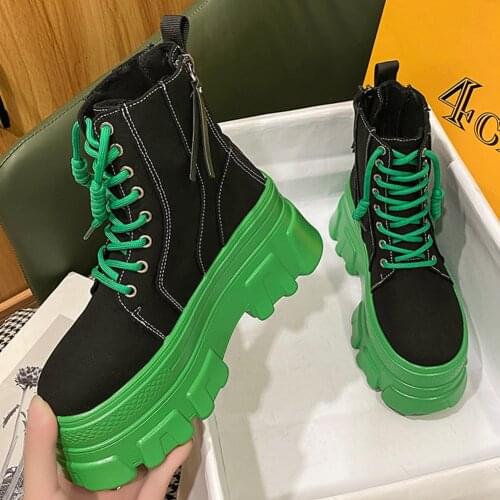Brand Design Female Motorcycle Boots Canvas Square Heel Lace-Up Platform Chunky Sneaker Ankle Boots Cool Woman Fashion boots
