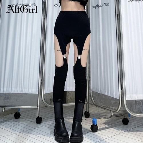 AltGirl Vintage Harajuku Gothic Sexy Pants Women Streetwear Y2k Hollow Out High Waist Slim Trousers Emo Alt Mall Goth Clubwear