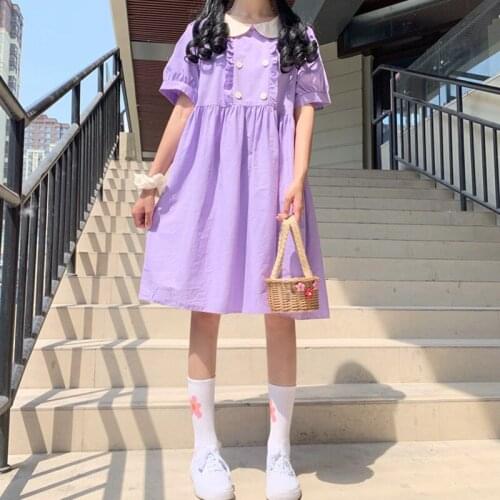 Womens Summer Korean Sweet Doll Collar Wooden Ear Stitching French Loose Slimming Short-Sleeved Girlfriends lolita dress