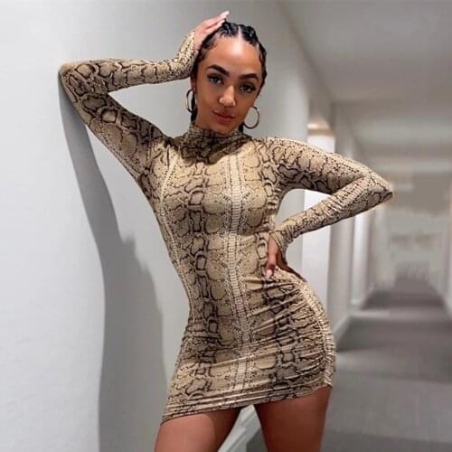 Sisterlinda Snake Print Sexy Sheath Dress For Women Long Sleeve Clubwear Package Hip Bodycon Mini Dresses Hot Stretch Streetwear
