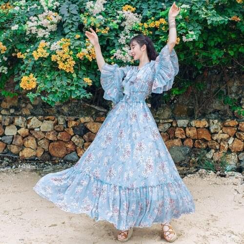 Free Shipping Boshow 2020 New Fashion Autumn Spring Elastic Waist Long Maxi Ruffles Sleeve S-L Pink Chiffon Print Flower Dresses