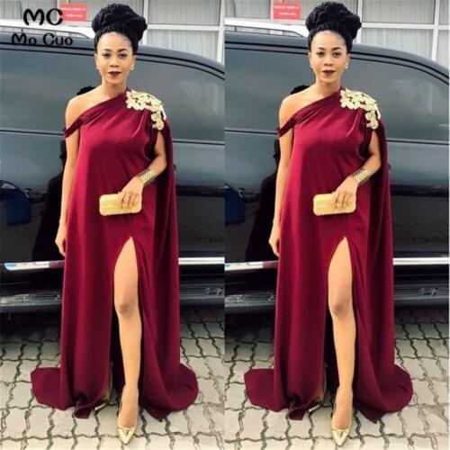 One Shoulder Burgundy Evening Dress Applique Prom Gown Vestido de festa longo Front Slit Chiffon Evening Party dresses for women
