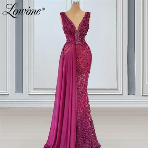 Lowime Elegant Beaded Evening Dresses Middle East Women Party Gowns 2021 Dubai Arabic Plus Size Formal Mermaid Prom Dress Robes