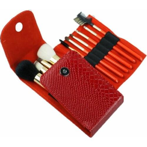 10pcs goat hair makeup brush set special wooden handle professional powder cosmetic brushes with red PU bag