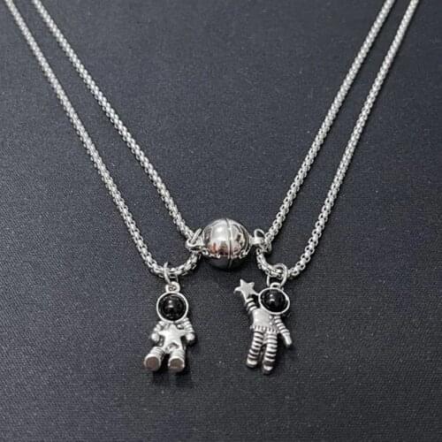 2021 Fashion Astronaut Magnetic Paired Necklace Cartoon cute couple pendant Neck Chain Jewelry Girlfriend Birthday Gift