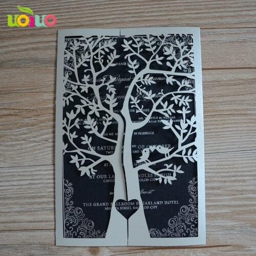 30pcs tree design customized invitation cards,laser cut bridal party invitation cards ribbon can be customized