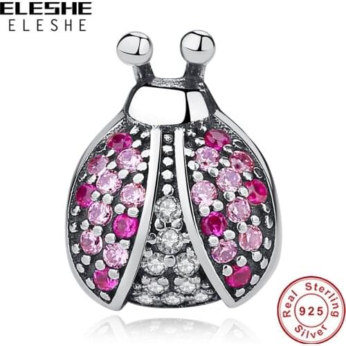 ELESHE European Style 925 Sterling Silver Dazzling Pink CZ Ladybug Bead for Women fit Original Bracelets & Bangles DIY Jewelry