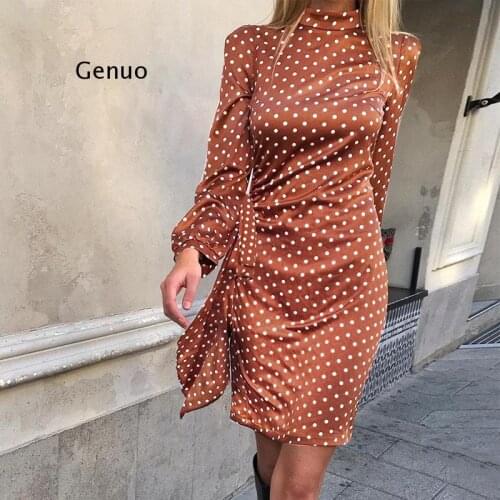 Elegant round neck polka dot dress Sexy lantern solid dress Loose holiday autumn women chic long party midi dress
