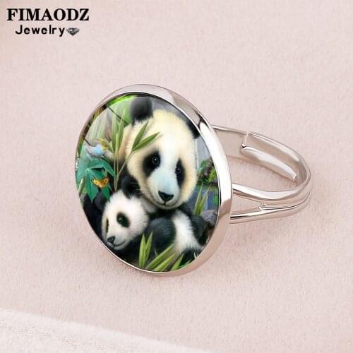 FIMAODZ Cute Panda Ring Fashion Baby Panda Glass Cabochon Adjustable Rings for Women Kids Kawaii Animal Jewelry Gifts
