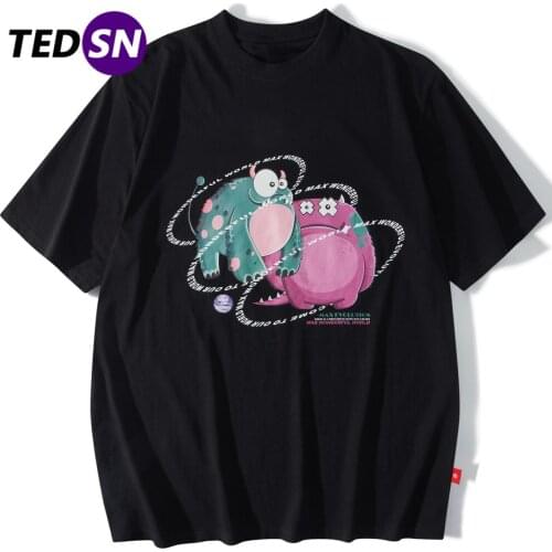 2021 Summer Retro Cotton Harajuku Tshirt Cartoon Monster Print Tshirt Short Sleeve Shirt Hip Hop Loose Streetwear Casual Tshirt