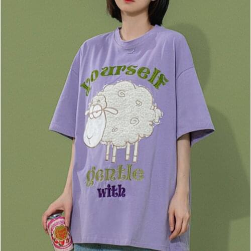Harajuku Women Shirt Vintage Plush Sheep Patchwork Y2K T-Shirt Women Kawaii Dog Chic Casual Loose Summer Girls Tops Tee New