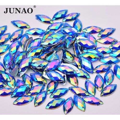 JUNAO 500Pcs 7*15mm Blue AB Sewing Crystal Horse Eye Acrylic Rhinestone Stone Applique Flat Back Sewn Strass Decoration Crafts