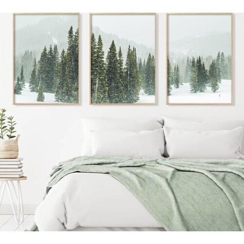 Winter Forest Prints Plants Wall Art Pine Trees Triptych Canvas Paintings Snow Christmas Trees Pictures Home Decor for Bedroom