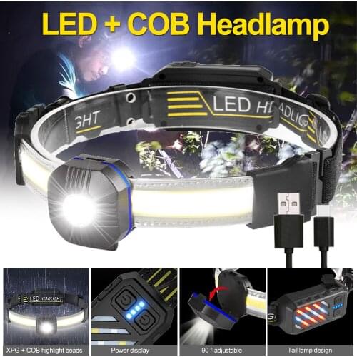 Mini USB Head Lamp LED+COB Headlight 10 Modes Headlamp with Charged Display Work Light for Outdoor Camping Hiking Fishing