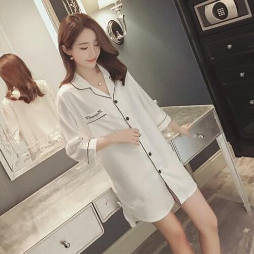 Nightdress womens summer 3 / 4 sleeves sexy nightgown shirt dress silk simulation plus large size 100kg ice thin home wear