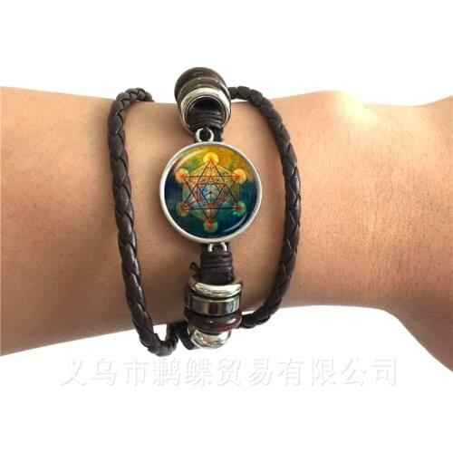 Pentacle Bracelet 20mm Glass Dome Art Picture Circle Black/Brown Leather Bangle Fashion Gift Pray For Happiness Keep Talisman