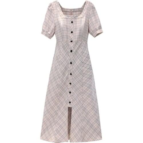 PERHAPS U White Plaid Slash Neck Short Sleeve Fit And Flare Midi Dress Summer Elegant Vintage D1196