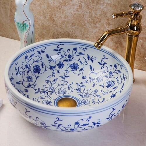 Free Shipping Jingdezhen Hand Paint Floral Blue And White Porcelain Ceramic Bathroom Vessel Sink Wash Basin Bowl