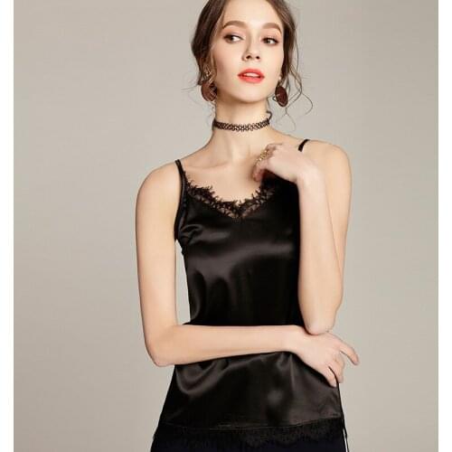 Sanderala Women Lace Sexy Tops V-Neck White Cami Adjustable Strap Female Trim Tank Women Satin Comfortable Sleeveless Underwear