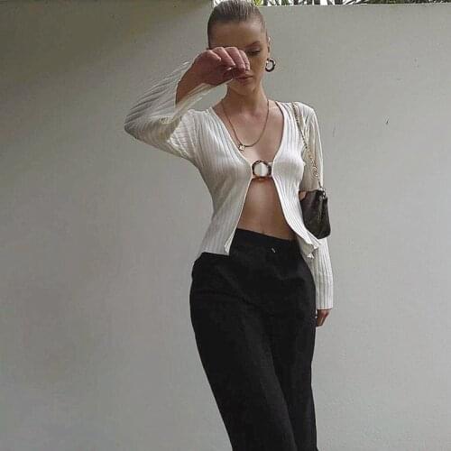 Chic Fashion Plunge Sexy Top and Blouse Women Flare Sleeve Ribbed Knitted White Tops Blouses Elegant Solid Clothes