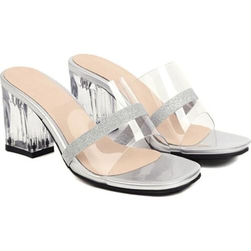 Ochanmeb Chic Clear Jelly Slippers Summer Shoes Women Transparent Heels Chunky High Heeled Slides Beach Seaside Glitter Shoes 48