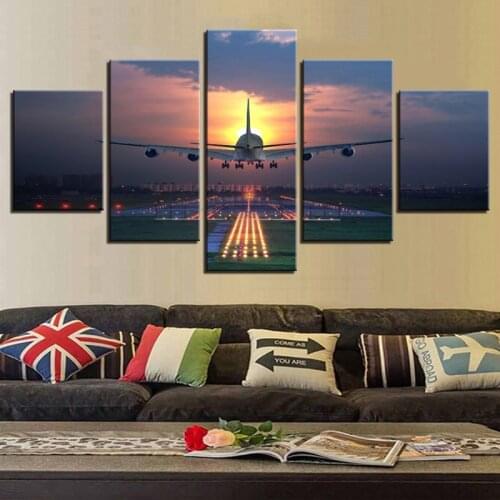 5 Panels Modern Art Poster Modular Sunset Airport Airplane Landing Canvas Painting HD Print Pictures Home Decor Living Room Wall