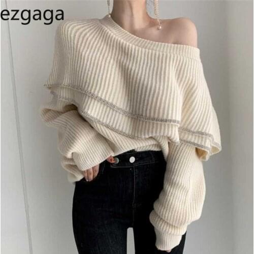 Ezgaga Elegant Double Ruffles Collar Women Sweater Pullover Bright Silk Oversized Office Lady Knit Tops Korean Jumper Fashion