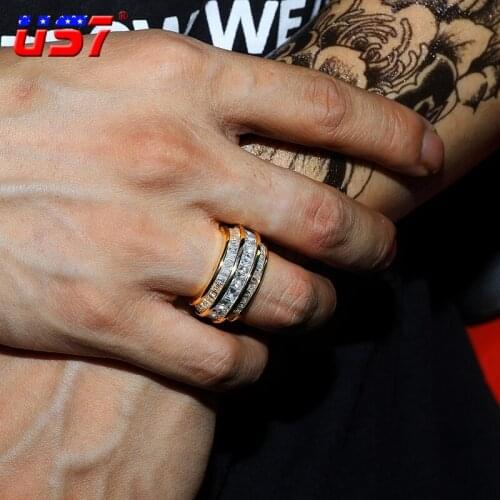 US7 Latest 3-row Rings Iced Out Baguette Stones with 12MM Width Gold Silver Color Setting For Jewelry Ring Gifts