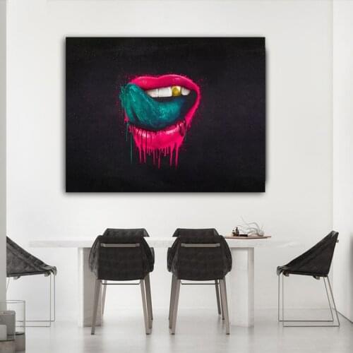 WANGART red lip golden tooth oil Painting Print Canvas Art Print Poster Living Room Home Decor no frame
