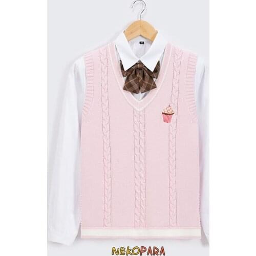Japanese Womens Cute Knitted Vest Japanese School Girls Uniform JK Sweet Sleeveless Sweater White Pink Ice Cream