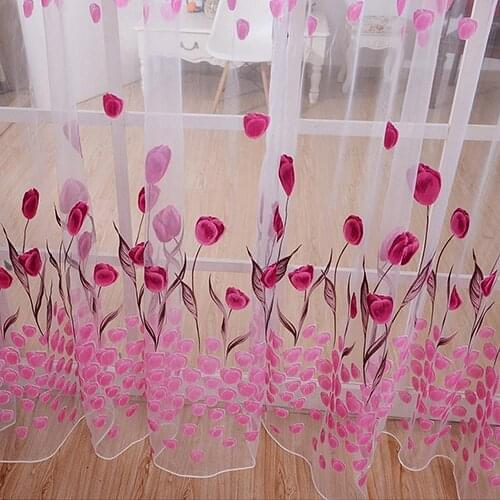 Window Curtains Romantic Tulip Print Voile Sheer Room Decor Curtain Drape Divider Valance Door Living Room Curtain