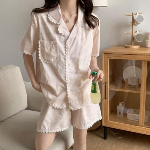Women Pajama Korean New Sleepwear Suit Lapel Temperament Top + Shorts 2 Piece Set Small Plaid Cotton Nightwear Pyjama Femme