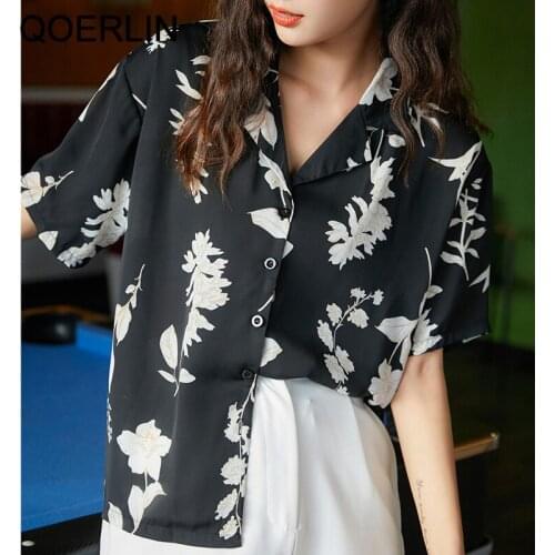 QOERLIN Chic Retro Short Sleeve Shirt Womens Summer Suit Collar Printed Top Loose Casual Blouse Female Plus Size Black Printed