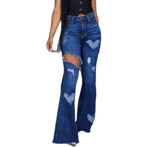 Women Flare Jeans Ripped Heart Pattern Solid Color Slim Trousers Ladies All Match Long Denim Pants Streetwear Summer Autumn