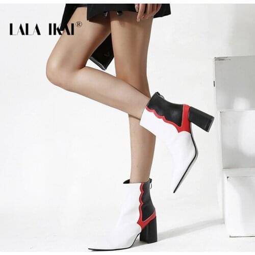 LALA IKAI Womens Ankle Boots Pointed PU Splicing Short Thick Heel Lace-up Boot Slip-on 2020 Fashion Female Autumn Winter C10335