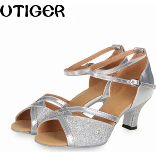 Size 34-41 Women Latin Ballroom Salsa Dancing Shoes Girl Adult Dance Shoes Heel 3CM 5CM 6CM Silver Gold Color With Buckles WD154