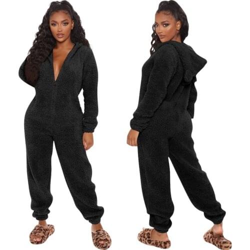 Women Autumn and Winter Warmth Fluffy Ears Casual Flannel Long-Sleeved Solid Color Trousers Zipper Jumpsuit Home Sleep Jumpsuit