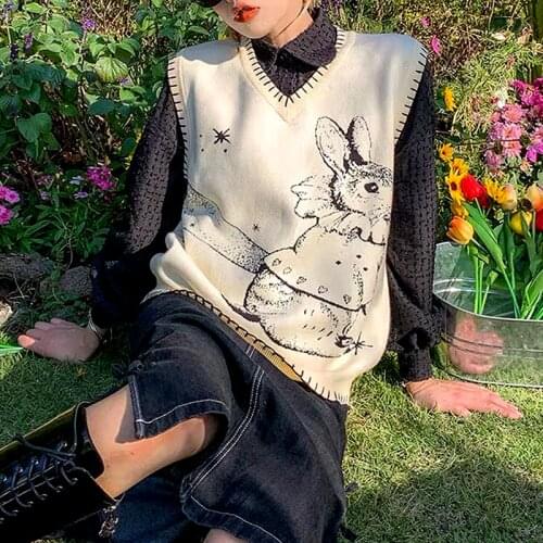 Women V-Neck Knitted Vest 2021 New Autumn Cartoon Sweater Female Casual Womens Clothing Sleeveless Pullovers Vest Tops SL131