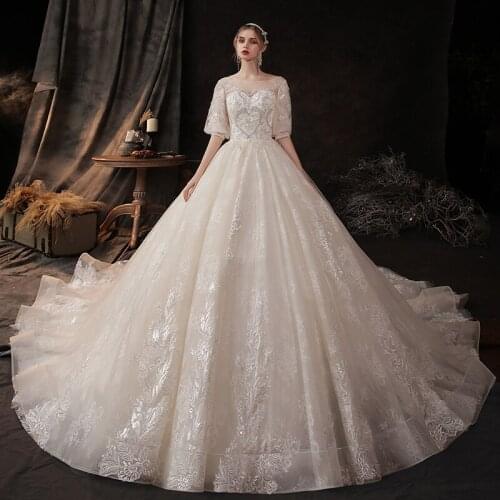 Wedding Dress Sequins O-Neck Tulle Floral Print Ruffles New Half Puff Sleeves Elegant Lace up Long Women Bride Dresses B033
