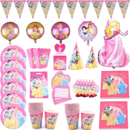 Disney Six Princess Girls Birthday Party Decoration Tablecloth Christmas Flag Family Party Cup Plate Napkin Disposable Tableware