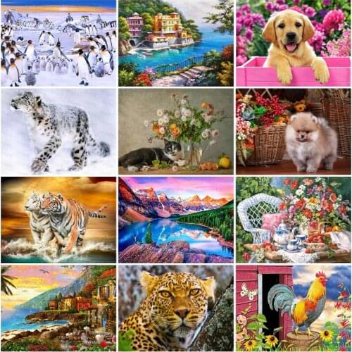 Diy Diamond Painting Color Big Rooster Realistic Style Oil Painting Wild Protected Animals Leopard Penguin Tiger Poster