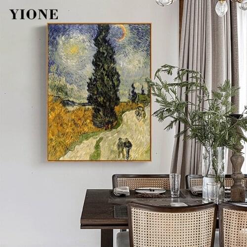 Van Gogh Road with Cypress and Star Canvas Print Oil Painting Genius Painter Art Poster Picture Wall Home Decoration for Living