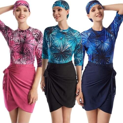 3 Piece Swim Suit Set Skirt Women Bodysuit Tops Skirts Hat Swimsuit Modest Burkini Muslim Swimwear Print Bathing Beachwear 3pcs